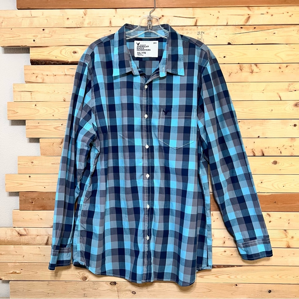 American Eagle Outfitters Blue Gray Plaid Long Sleeve Button Down Shirt size XXL